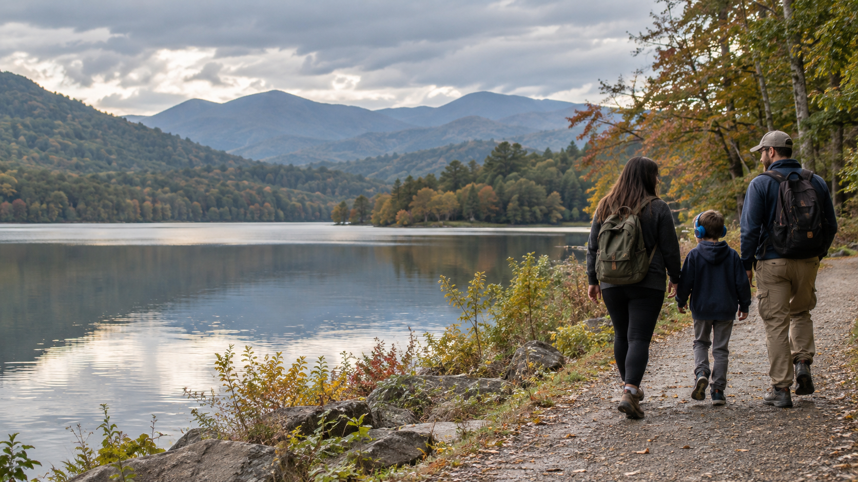 Family by a mountain lake in fall; a child wears comfortable headphones